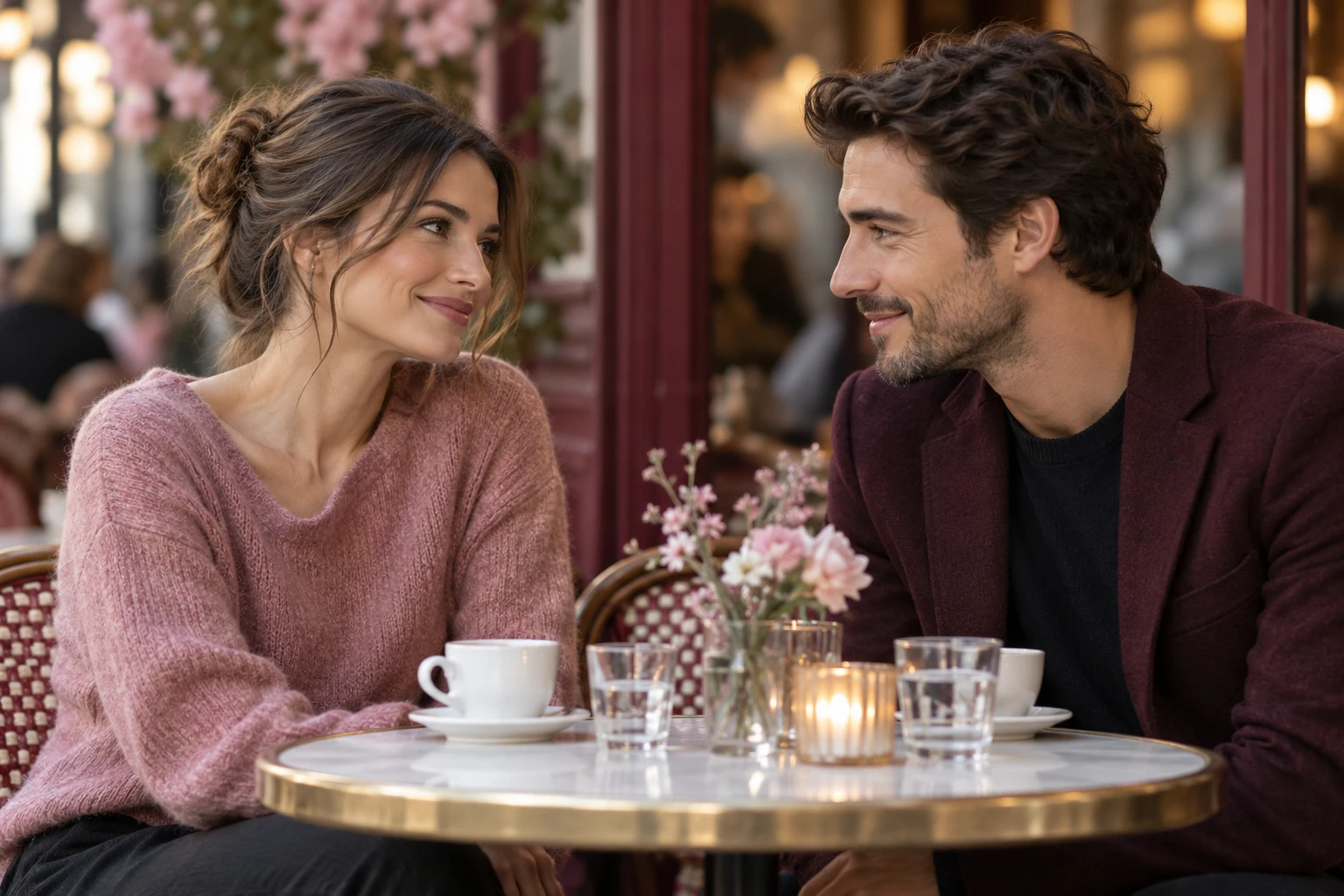 Femme et homme souriants se regardant à une table de café avec tasses et bougie