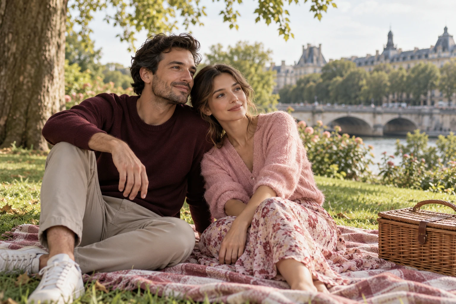 Couple assis sur une couverture pique-nique au bord d'une rivière, panier à côté