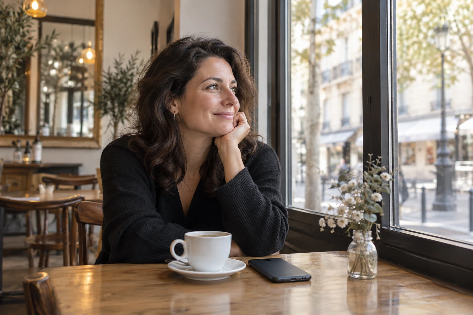 Femme souriante regardant par la fenêtre dans un café, tasse de café et smartphone sur la table