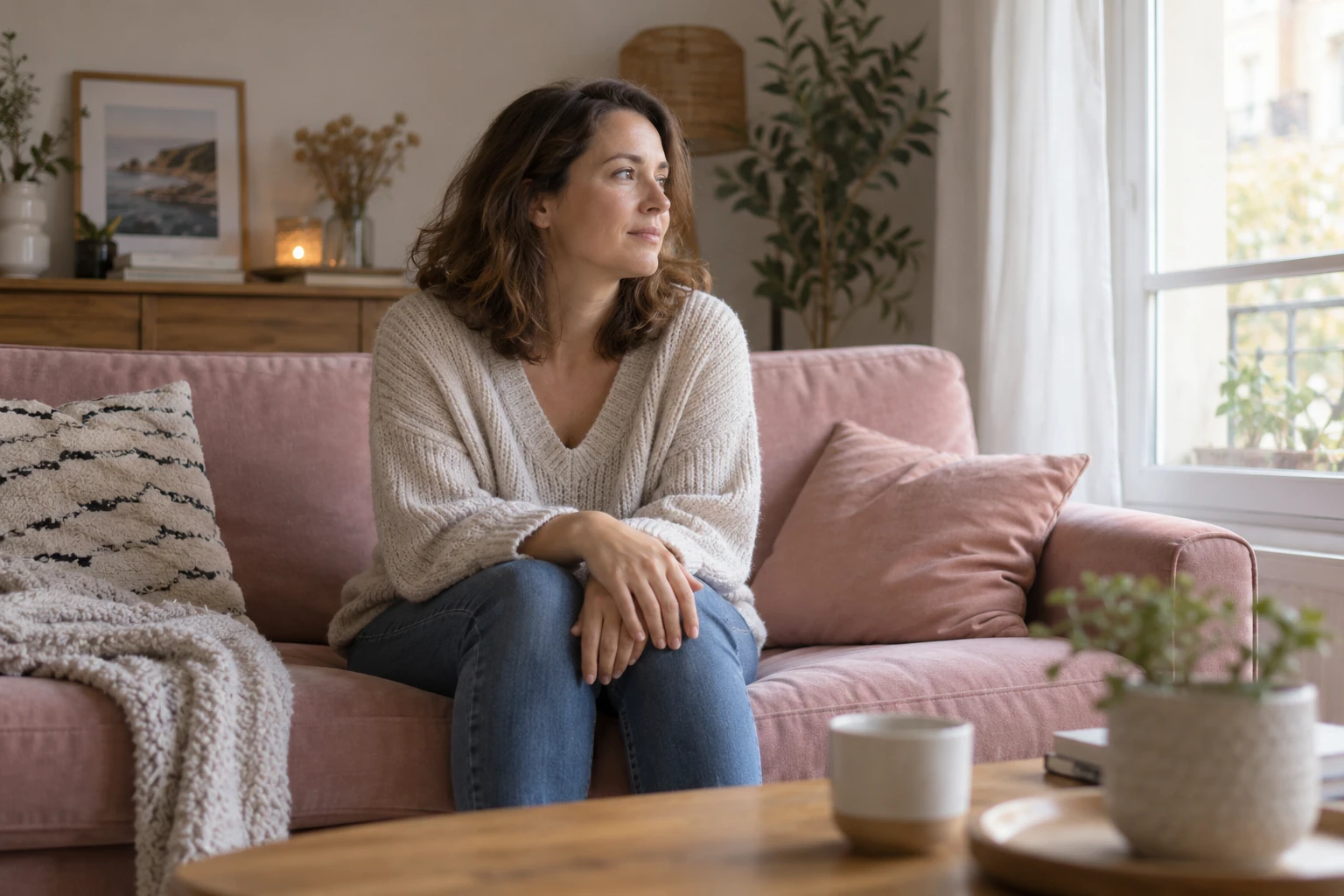 Femme assise sur canapé rose, regard pensif vers la fenêtre, salon lumineux