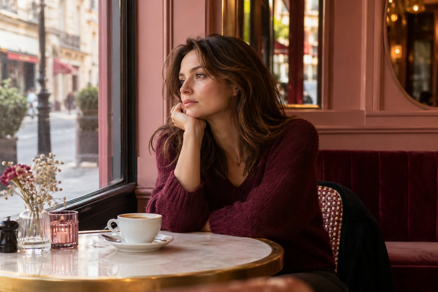 Femme assise près d'une fenêtre dans un café, regard pensif, tasse de café sur la table