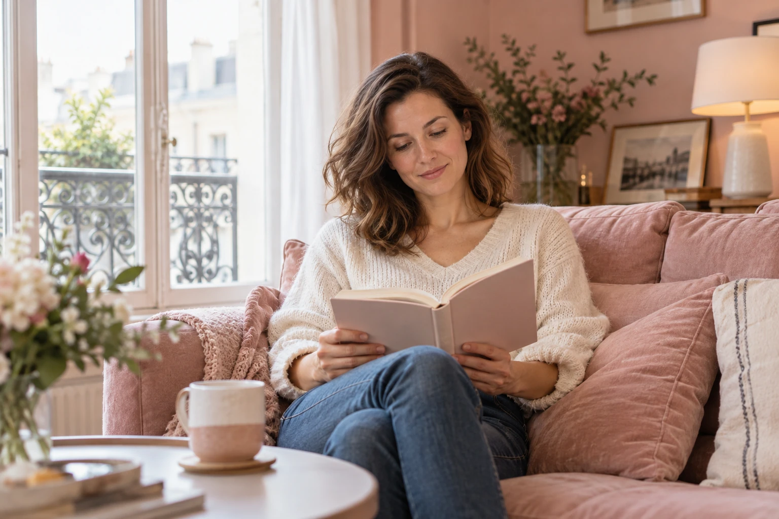 Femme seule assise sur canapé rose lisant un livre, tasse sur la table basse